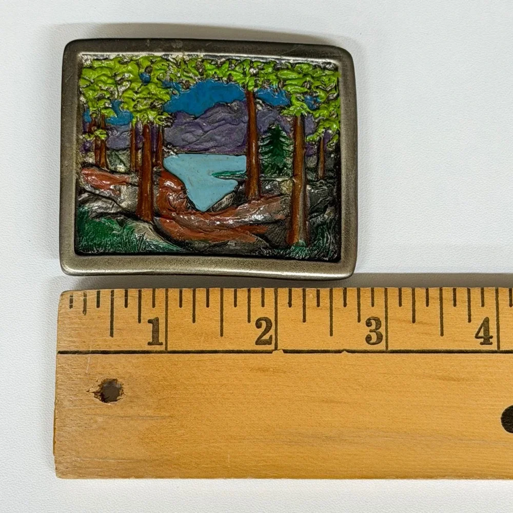 Indiana Metal Craft Vintage‎ 1996 Mountain Lake Enamel Belt Buckle Pewter Tone